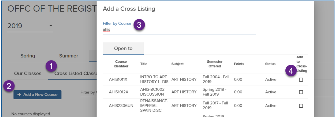 Shows steps for cross-listing a class onto a semester schedule. 1. click cross-listed classes, 2. click + add a new course, 3. look up the course to crosslist, 4. click add to crosslisting