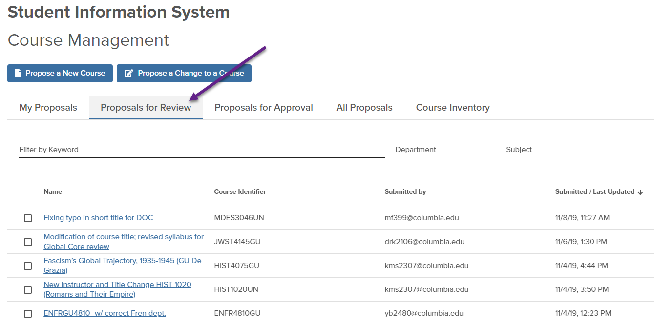 Proposals for Review -Shows Proposals for Review tab and all Proposals waiting for the department reviewer to take action on