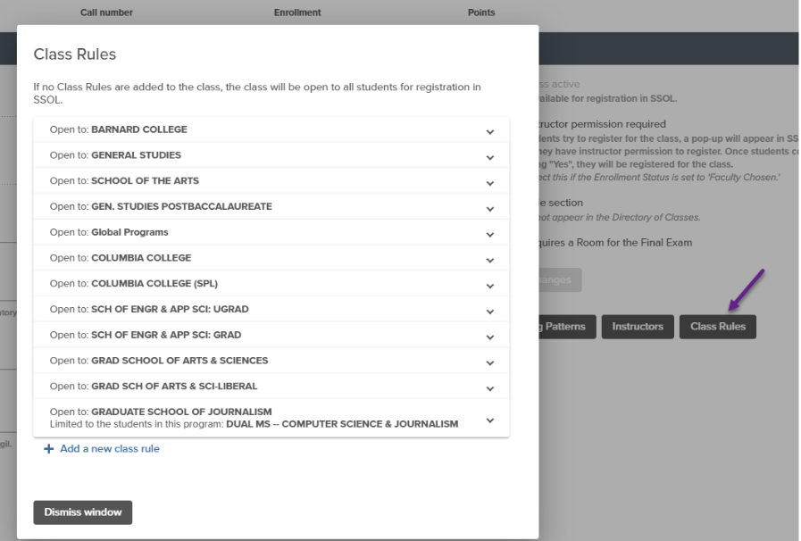 Shows the class rules pop up widget and what a sample list of rules would look like