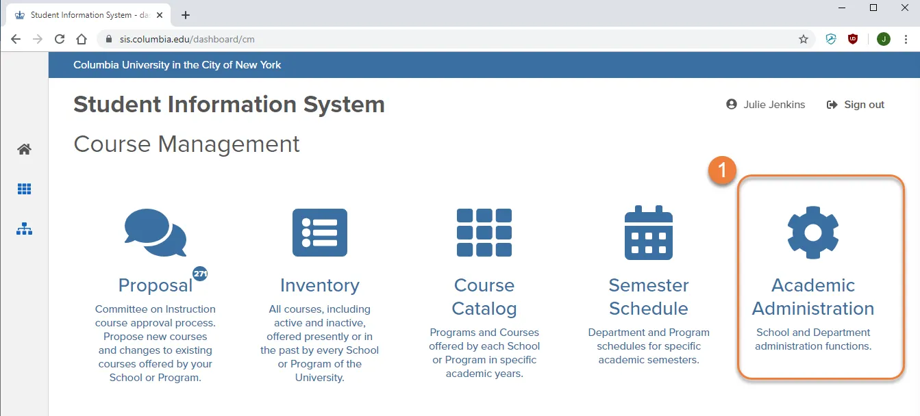Shows the Academic Administration tab under the Course Management system. 