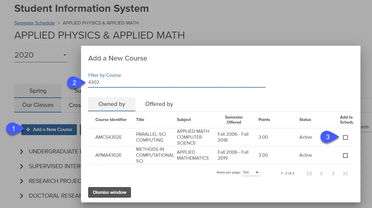 Screenshot showing how to add a new course to a schedule. 1. Click +Add a New Course, 2. filter by the course you want to add, 3. check the course and it will be added to the schedule