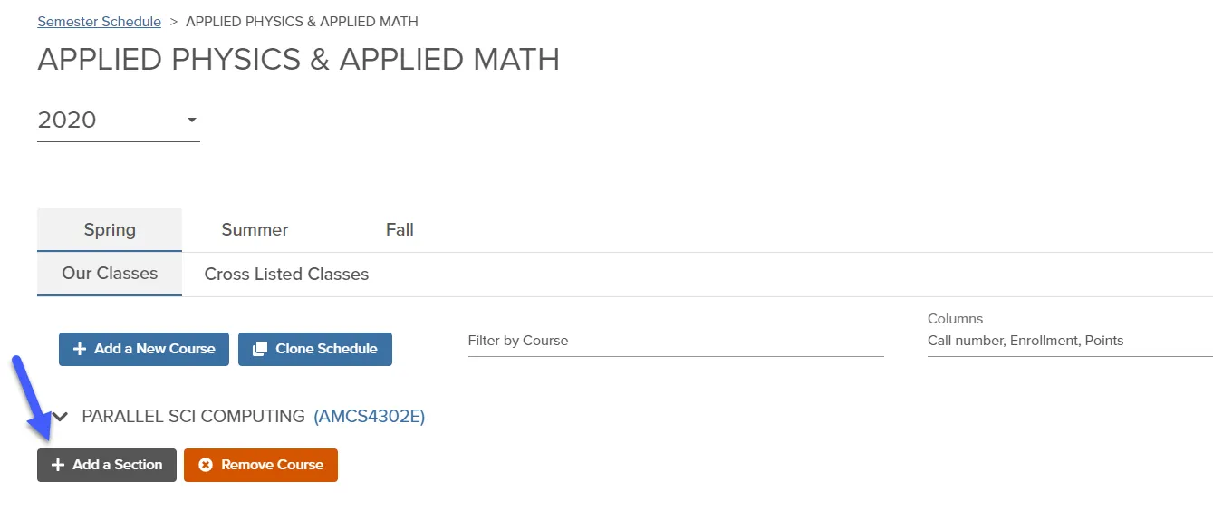 Shows adding a new section to the schedule. Under the related course, click +Add a Section. 