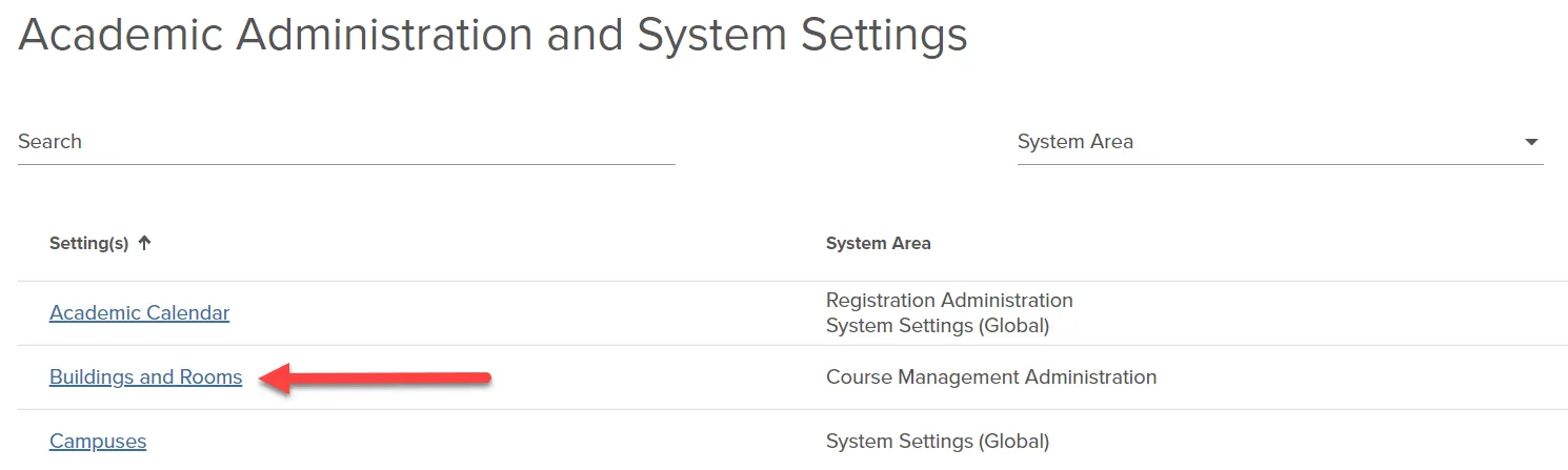 Buildings and Rooms from Academic Administration Page