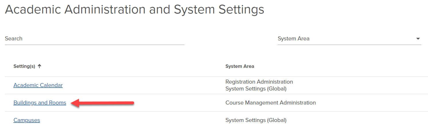 Buildings and Rooms from Academic Administration Page
