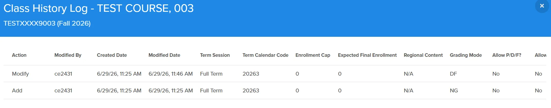 Class History Log Example