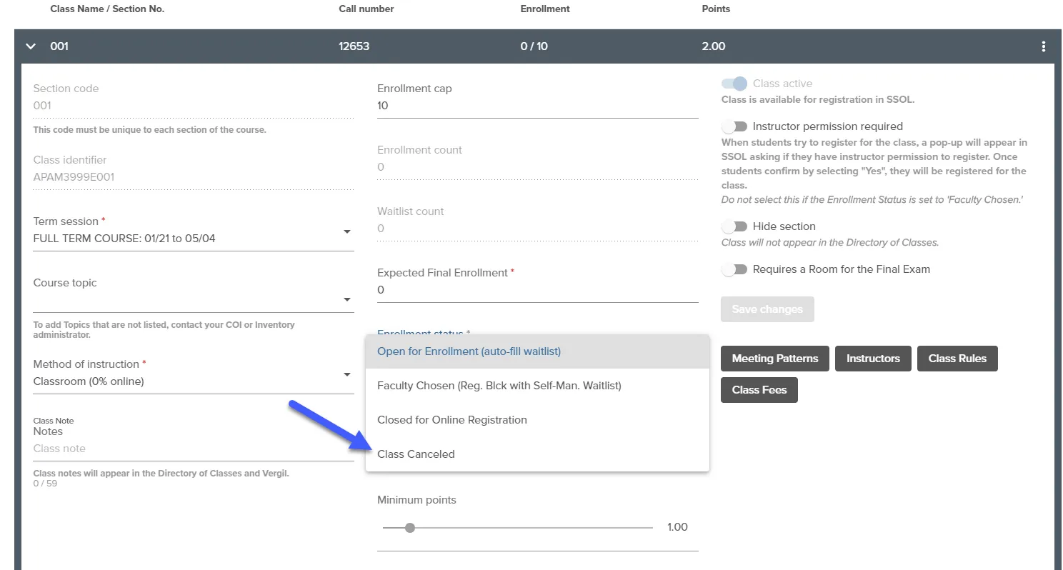 Shows dropdown values for Enrollment Status, indicating where a user would cancel a class. 