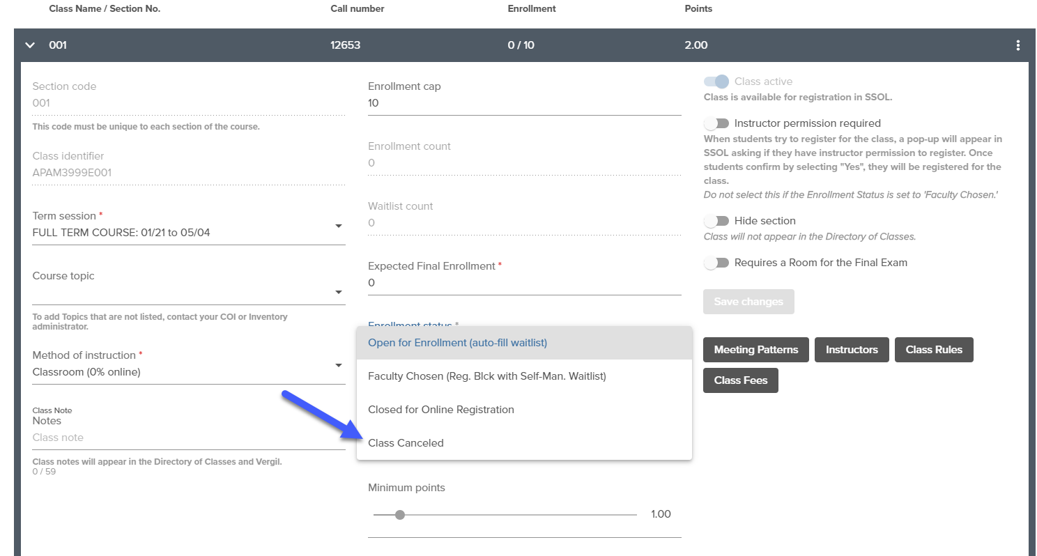 Shows dropdown values for Enrollment Status, indicating where a user would cancel a class. 