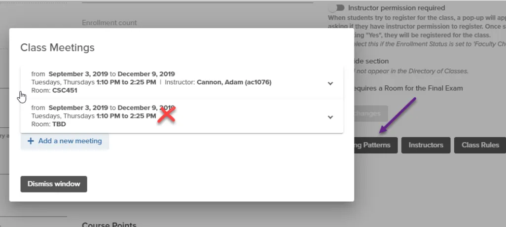 Shows class meetings records on a class and indicates when to delete duplicate records (same date/times)