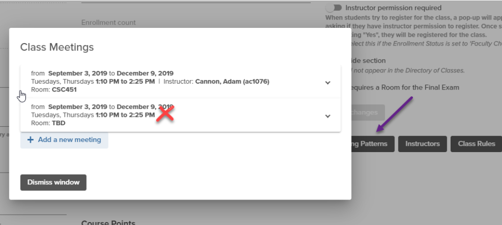 Class Meetings Shows class meetings records on a class and indicates when to delete duplicate records (same date/times)