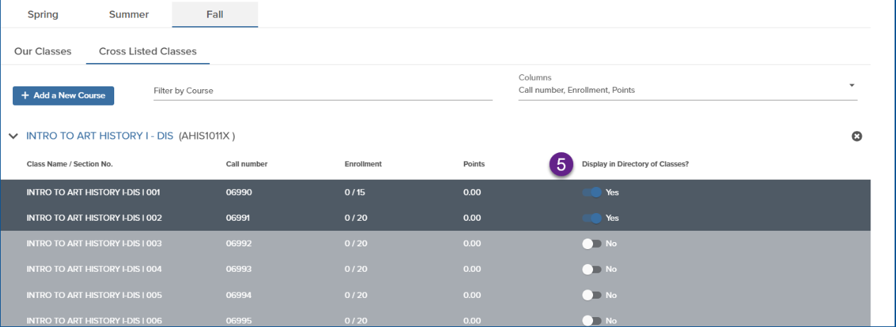 Shows final cross listing step - 5. Toggle Show in Directory of Classes