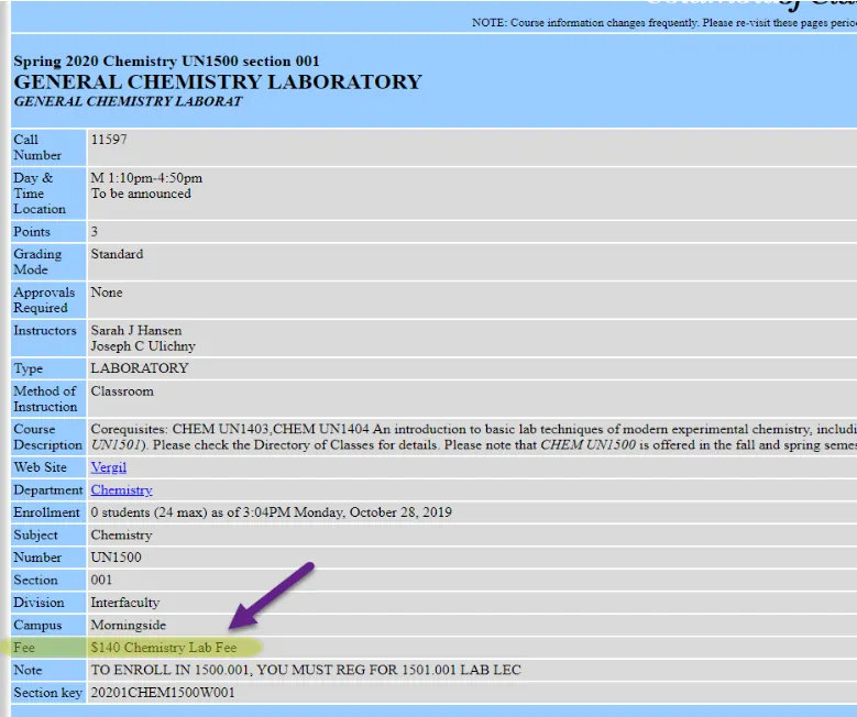 Image of the Directory of Classes and where to view Class Fees