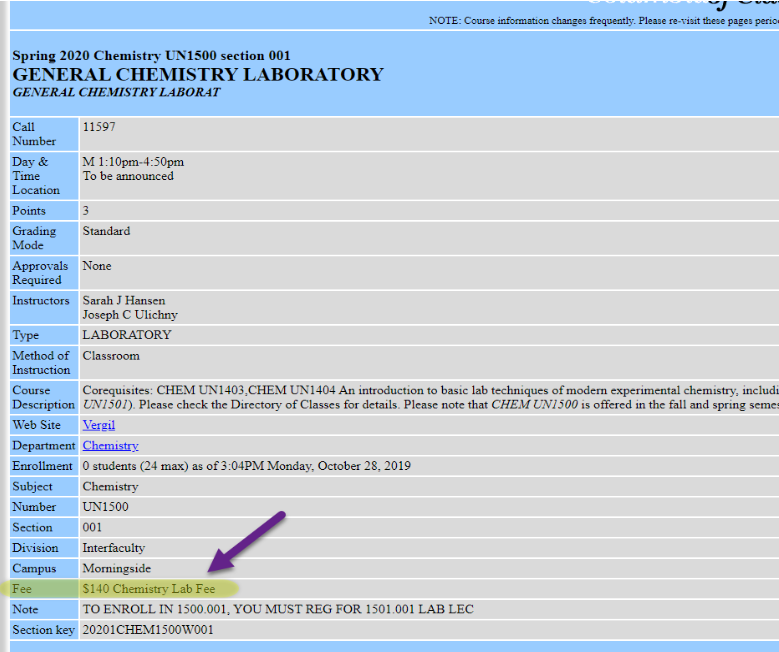 Image of the Directory of Classes and where to view Class Fees