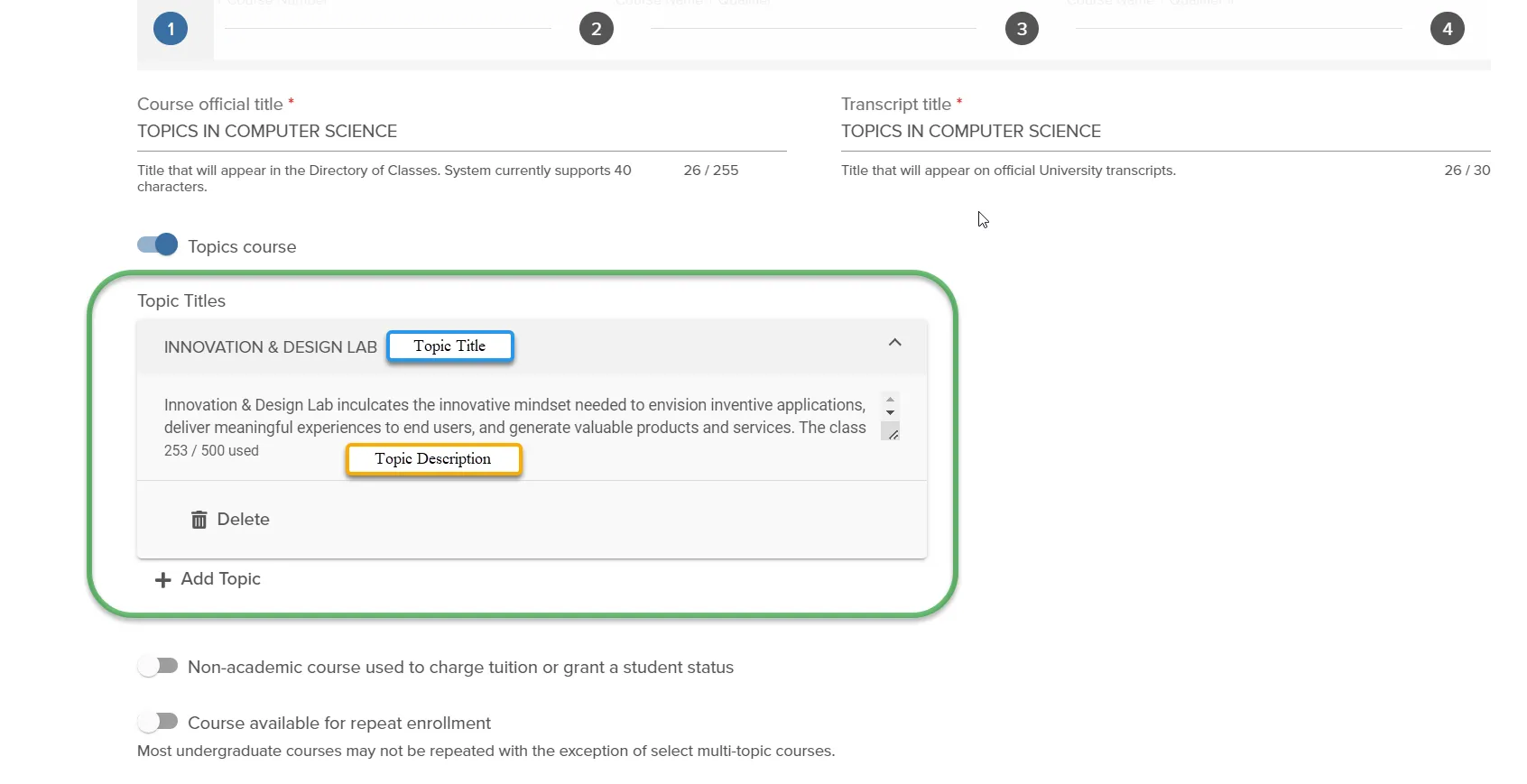 The 1st page of the course proposal document. The 1st section is for the title, which has a blue box directing users to "Type in the Topic Class Title Here." The second section is the description which directs users to "Type in Topic Description Here."