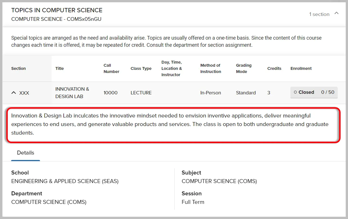 This is a picture of a listed topic's course in Vergil. The red box indicates the appropriate location of the topic's description which is below the topic class title and information. 