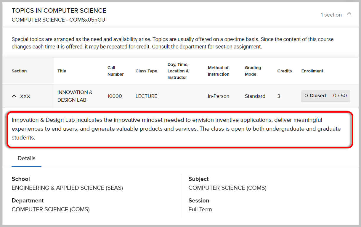 Image 1: Final Topic Description View in Vergil This is a picture of a listed topic's course in Vergil. The red box indicates the appropriate location of the topic's description which is below the topic class title and information.