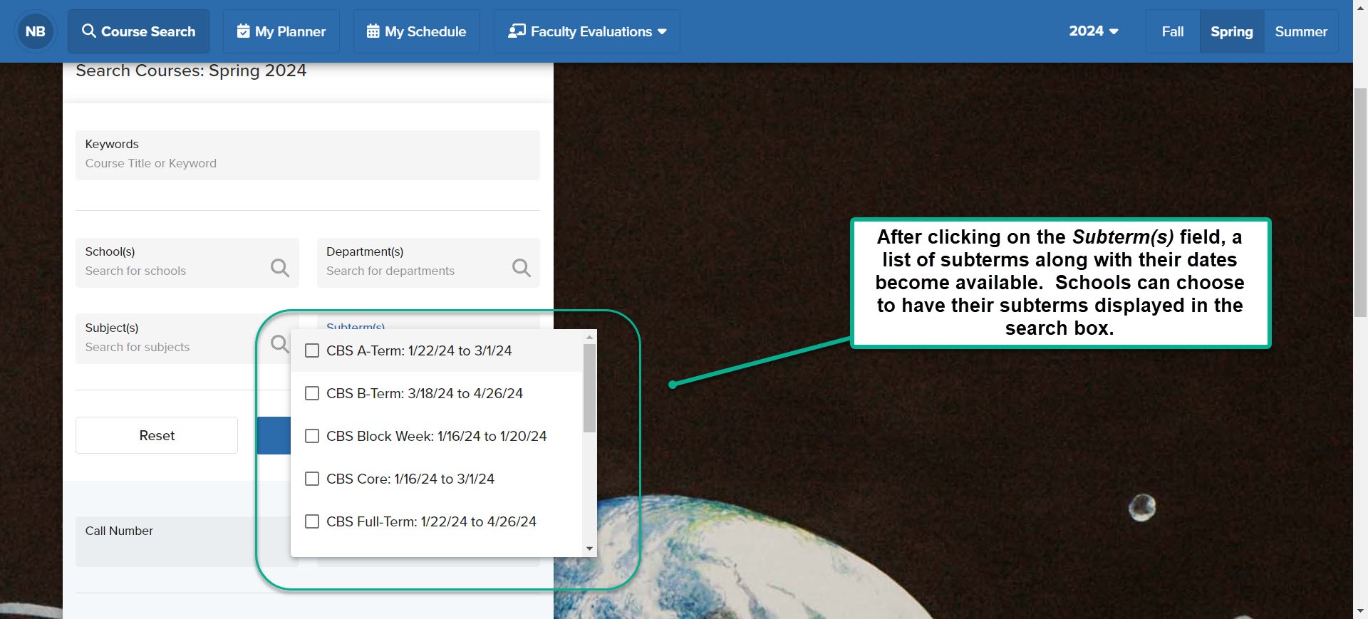 Image 3: Visible Subterm in Vergil After clicking on the Subterm(s) field, a list of subterms along with their dates become available. Schools can choose to have their subterms displayed in the search box.