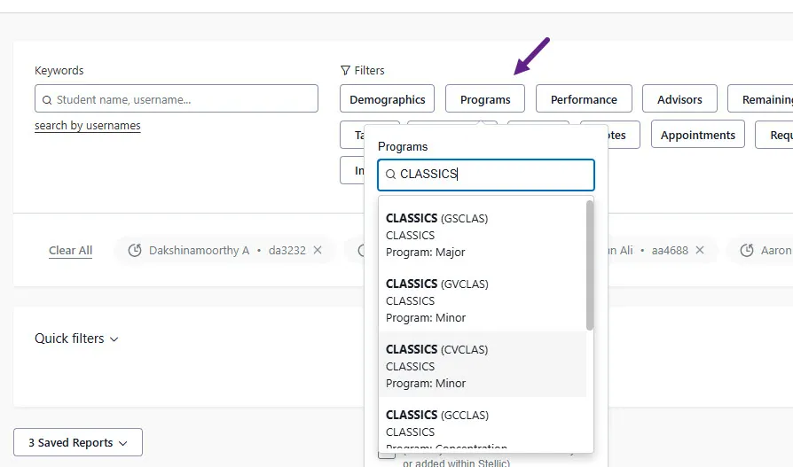 This image highlights the filters required to view students within a department with similar majors