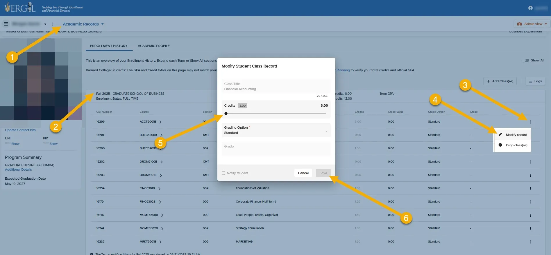 This image illustrates the steps listed above to modify a student's credit election via their academic record. 