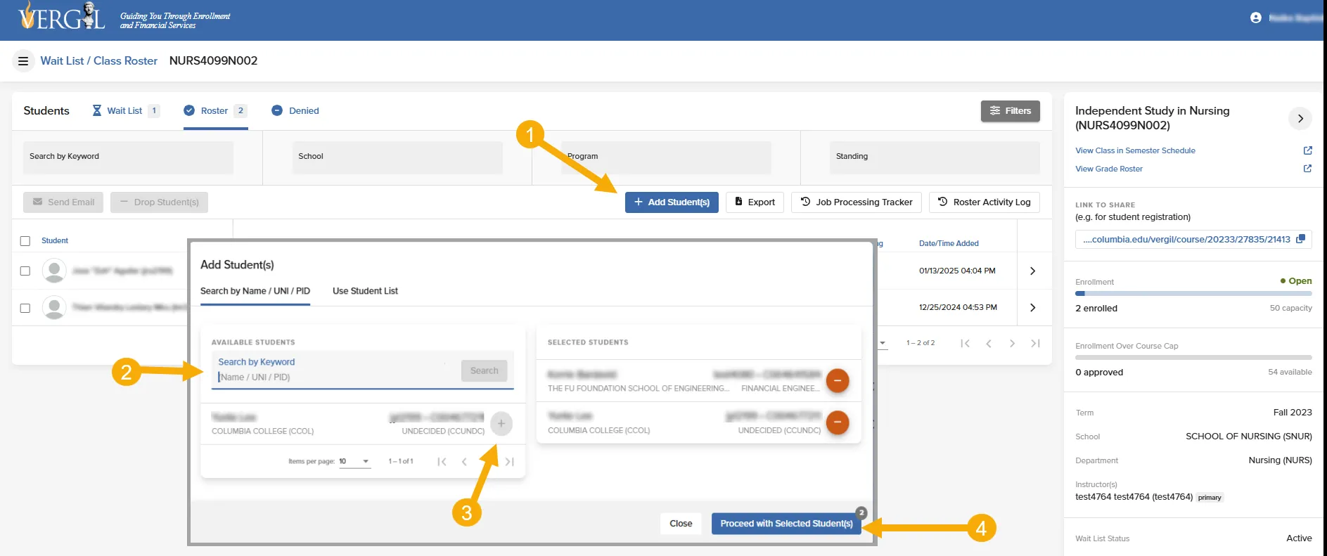 This page illustrates the 4 steps to add a student to a Class Roster. arrow one points to the 'Add Student' button, arrow 2 is the student search box, arrow 3 is the add button, and arrow 4 is the proceed to registration button 