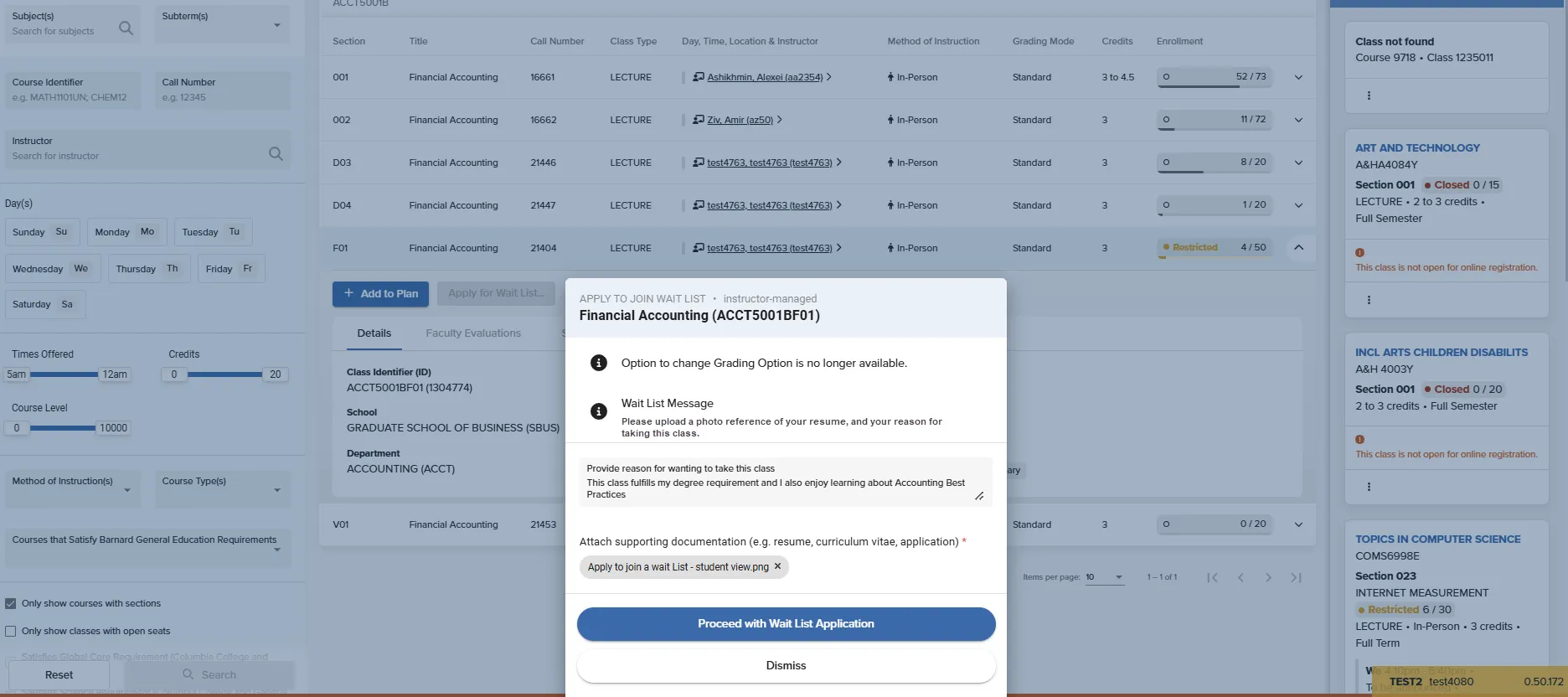This is an image of the student's view of the application to join an Instructor Managed wait list modal with examples of the file upload field, wait list message, and text box field. 