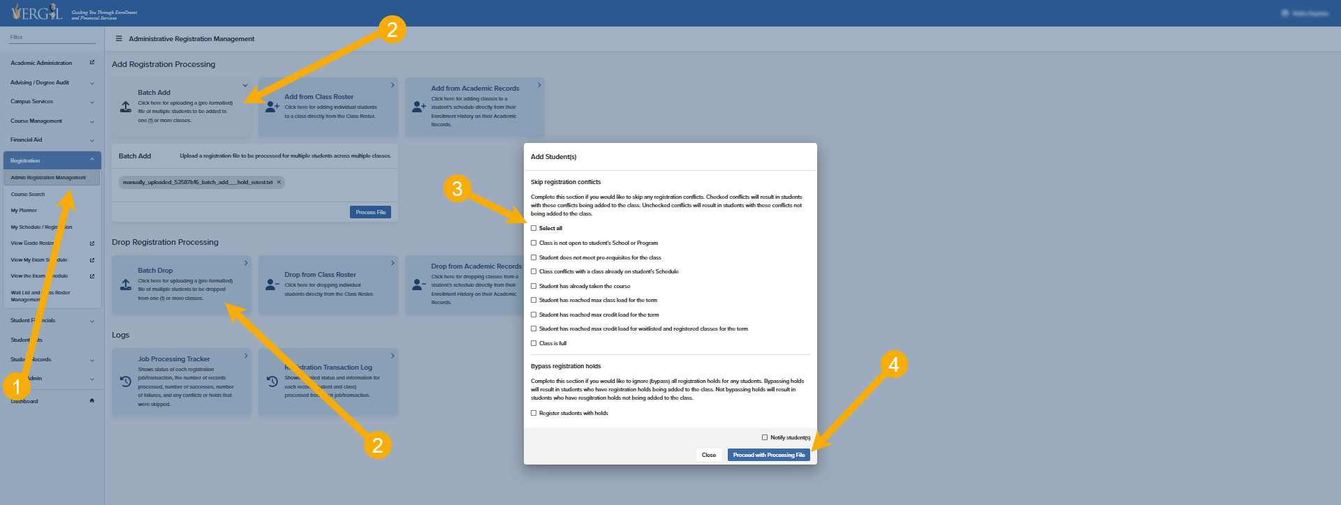 Registering Students using a Batch File This page contains yellow numbered arrows that reflect the steps written above.