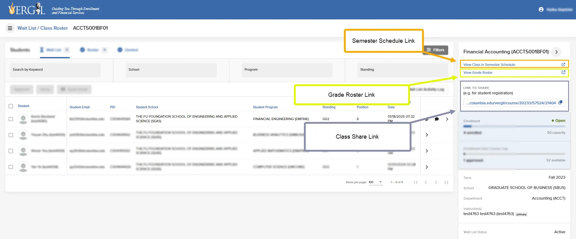 This image contains callouts and arrows pointing to the links to: View the class in the Semester Schedule, View the Grade Roster, and Share the class with students