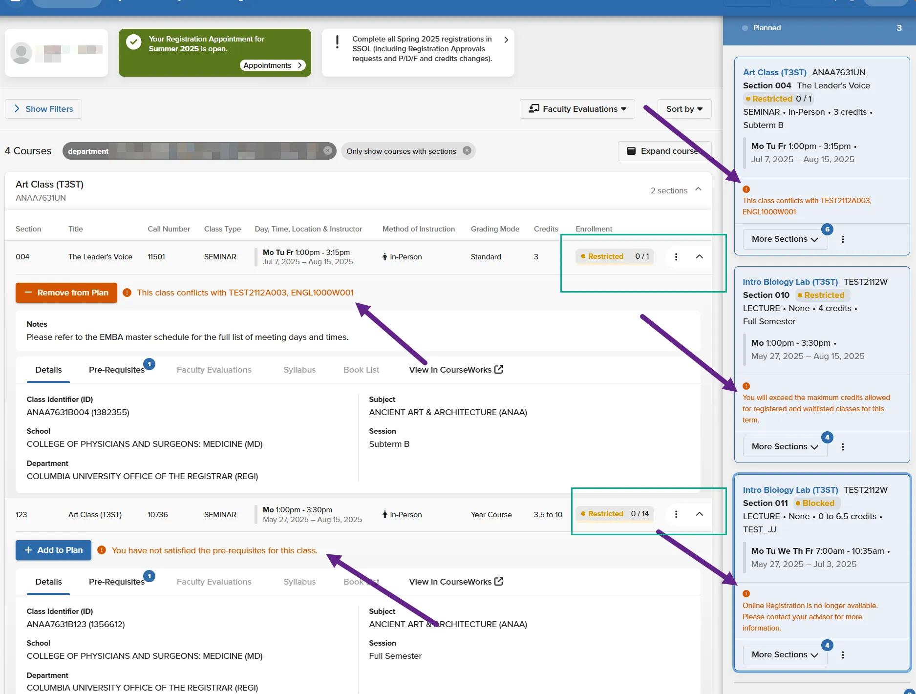 This image contains purple arrows pointing to example conflict messages available to students on course search and planner pages. It also highlights Restricted class status marked by a green box. 