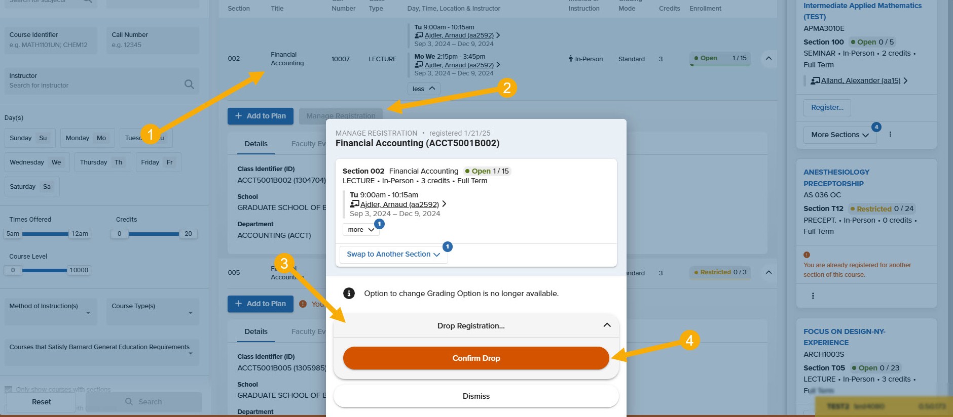 Student Registration: Dropping a Class via Course Search the Steps to successfully drop a class highlighted by numbered yellow arrows pointing to a visual reference of each step.