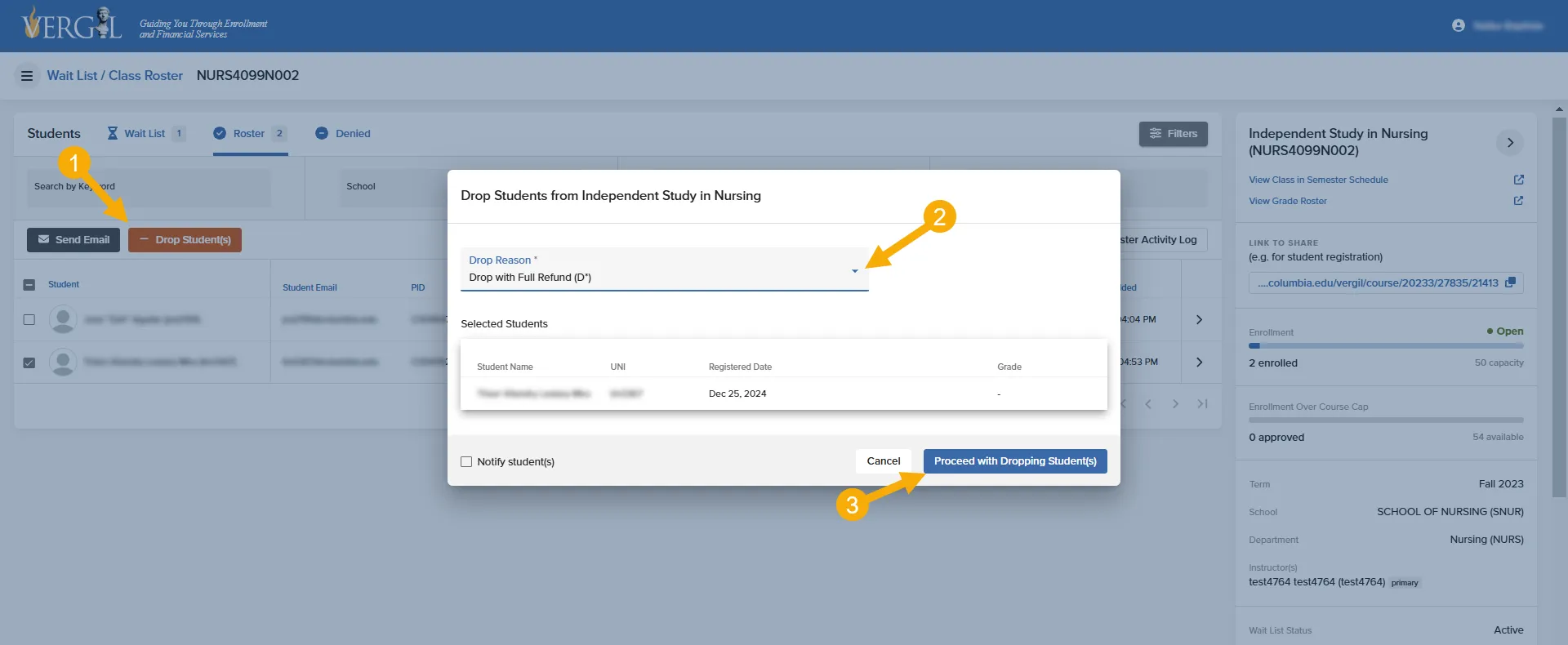 The Drop Students window where authorized users can confirm the selected student(s), select a drop code from the drop down, and then click the proceed with Dropping Student(s) button