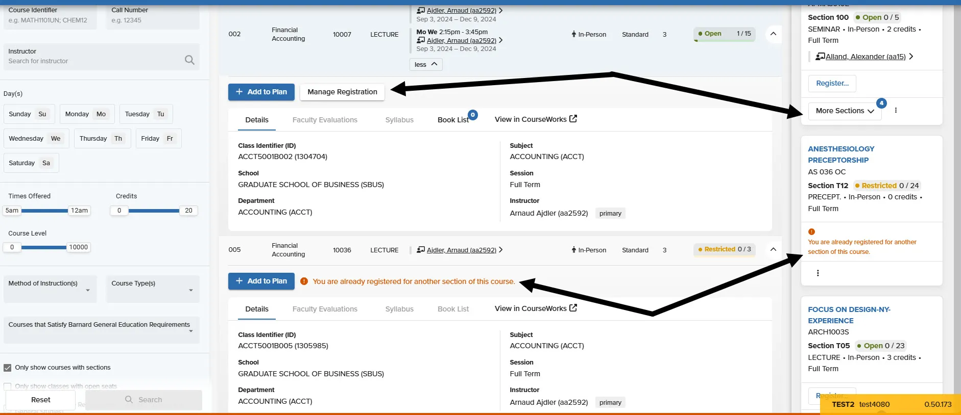 There are Black arrows on the screen pointing to the Manage Registration button on the class information window and the planner that is visible. 