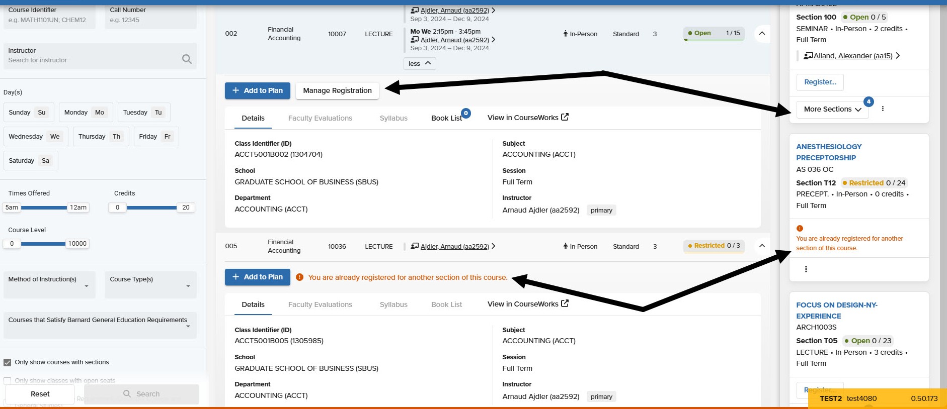 Student Registration: Swapping Sections There are Black arrows on the screen pointing to the Manage Registration button on the class information window and the planner that is visible.