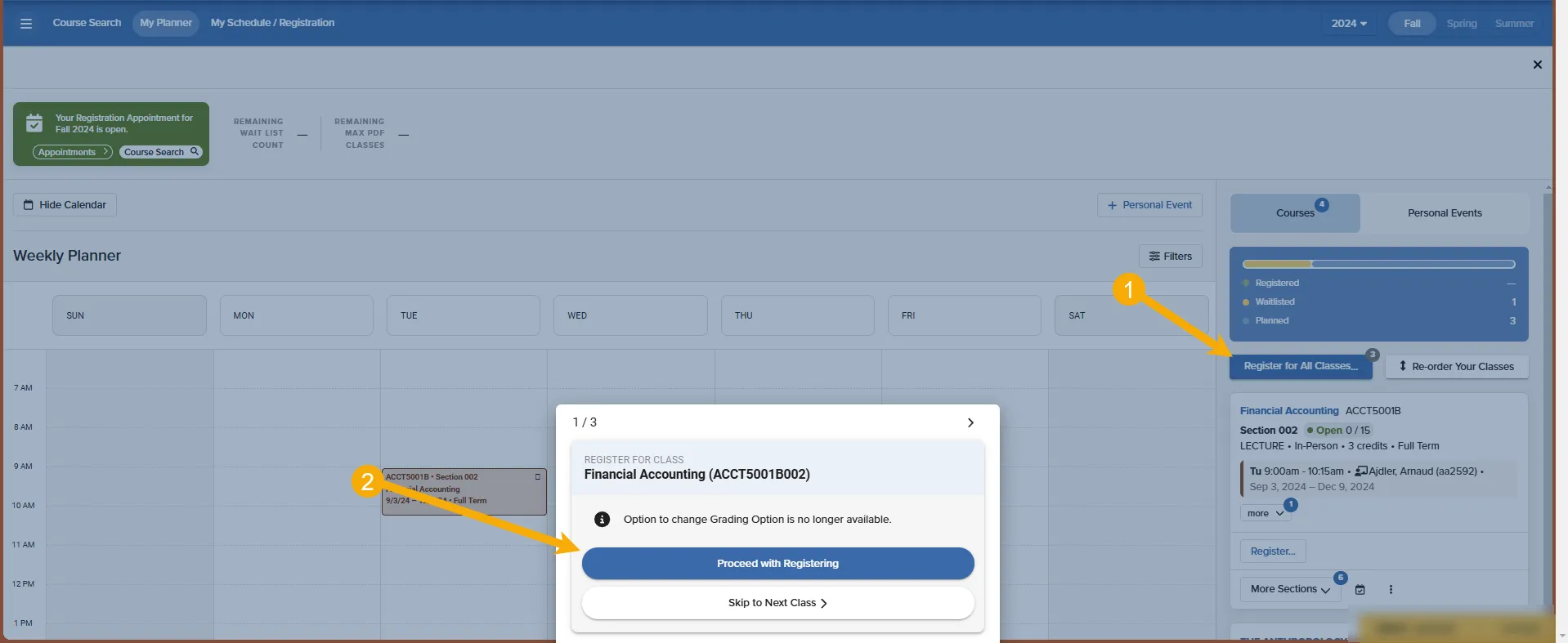 This is an image of the Register for all process. the first yellow arrow points to the blue Register for All button, and the second arrow points to the registration box where you can register or skip registration for each class