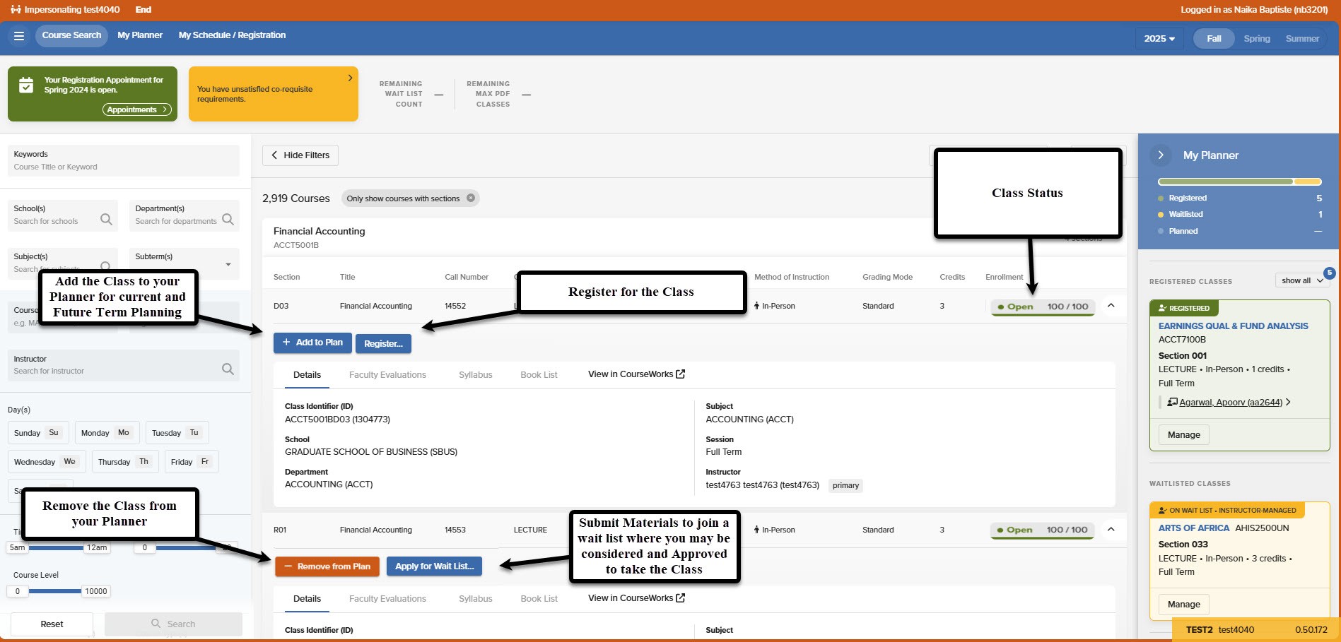Identifying Registration Buttons and Class Statuses A picture of where to locate Registration Buttons and Class Status - Both items are key indicators of a class' availability for registrations