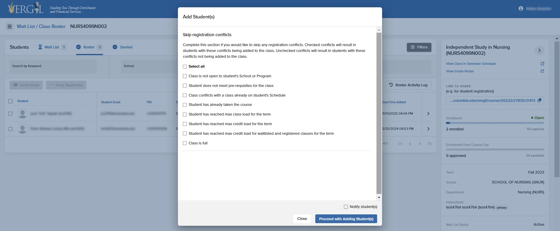 The Skip Registration Conflicts window where restrictions barring students from registering can be skipped. One or more conflicts can be selected and bypassed to allow the student's enrollment to the class