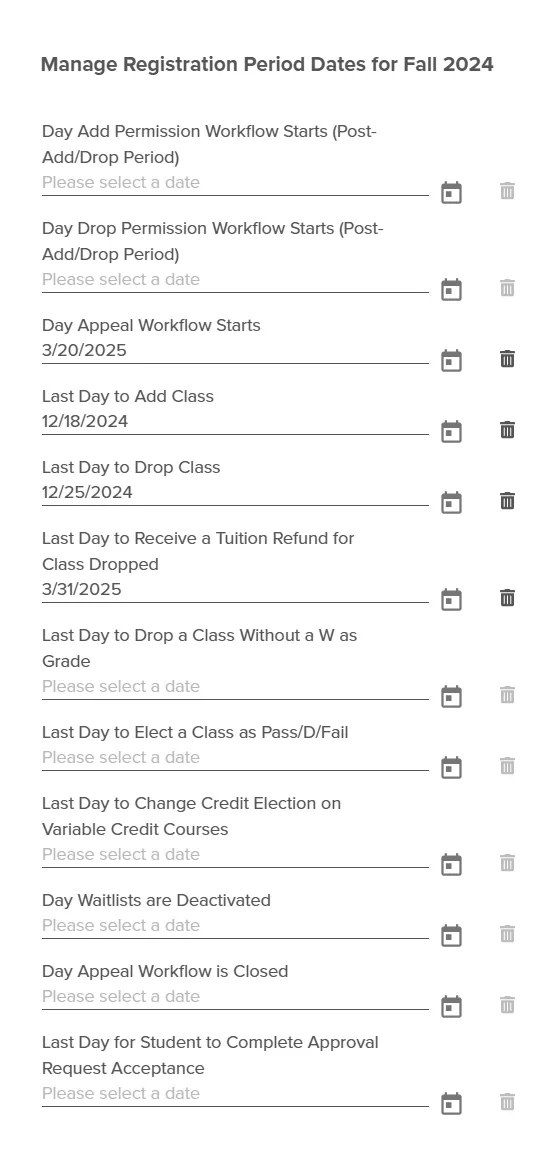 This image depicts the Registration Period Dates window where dates can be set to restrict or guide student registration. 
