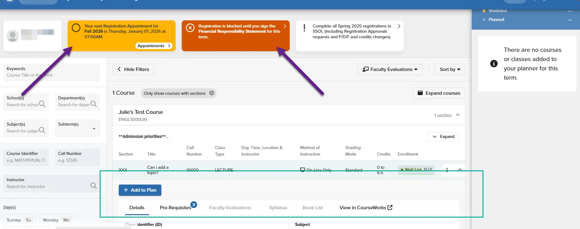 This image highlights the possible banners(financial Responsibility Statement, Registration Appointment) that will be displayed in the overhead section of Vergil. The banners will be visible until resolved. 