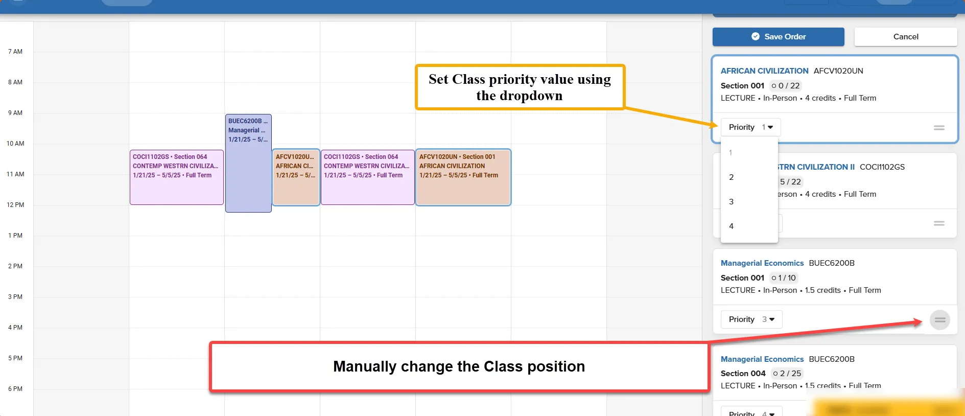 The image points out the two tools to organize the planner. The first yellow box highlights the priority button to automatically organize the  list. The second callout points to the manual button to change the class position. 