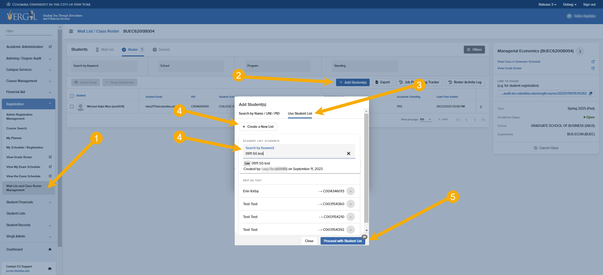 Adding Students via Student Lists The image contains numbered yellow arrows that align with the steps listed above.