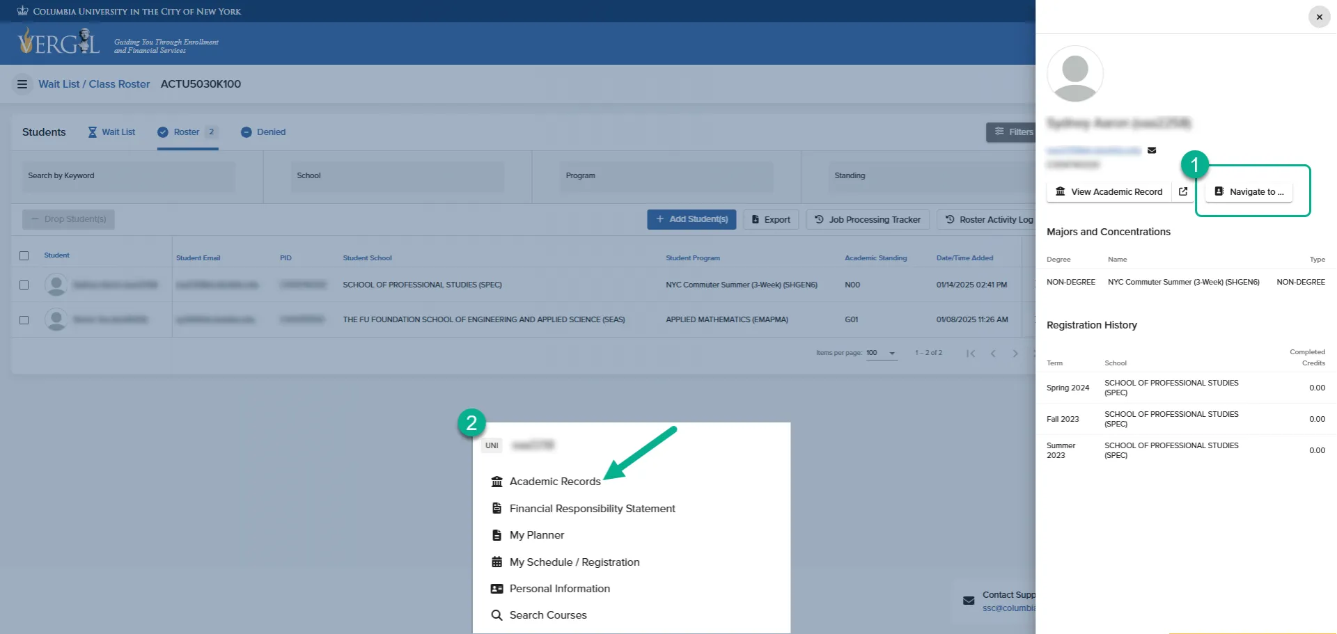 Selecting the Navigate to button opens a secondary window where users can navigate to the Academic Records page or any other registration page in Vergil