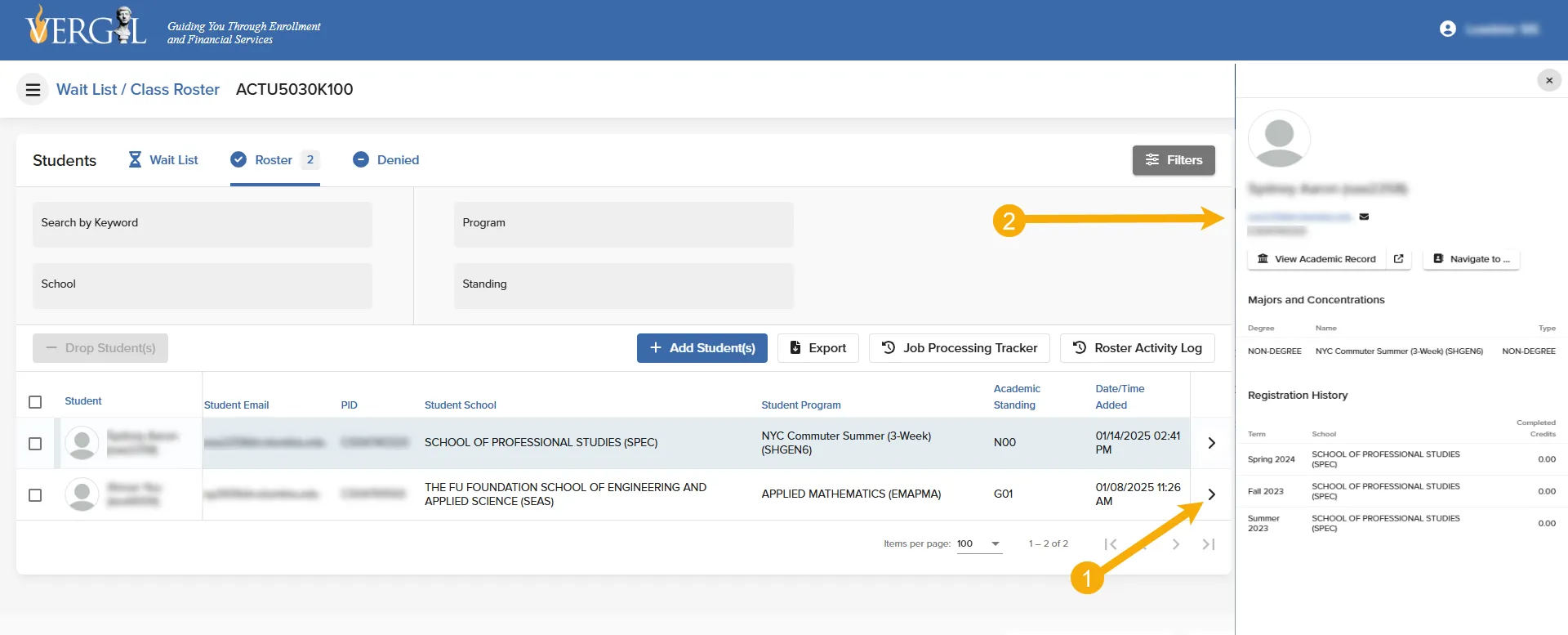 This image has two arrows. This first one on the page has a #2 and point to the Student Enrollment History Window 