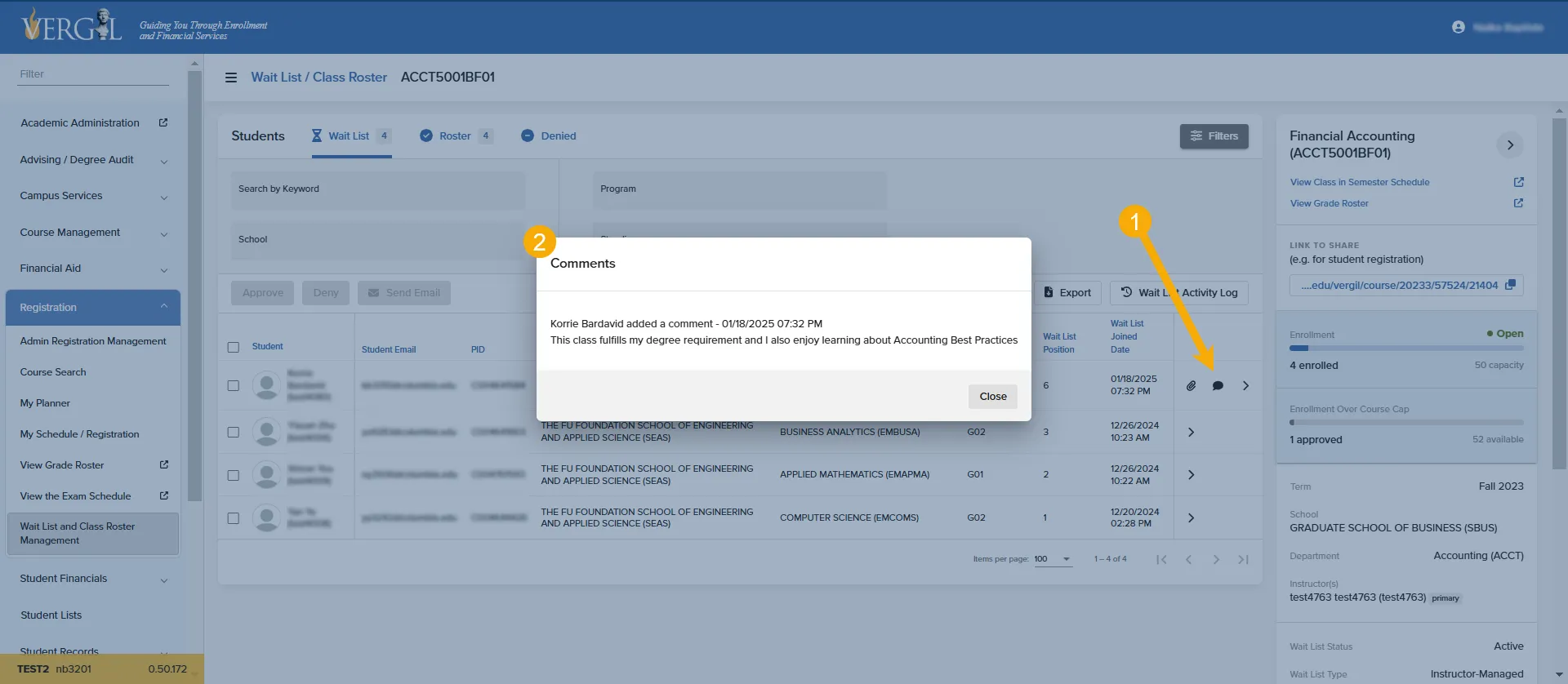 This is a picture of the comments box which contains a text response submitted by a student for a wait list application. The box contains the response, name of the student, and the date/time the comment was submitted