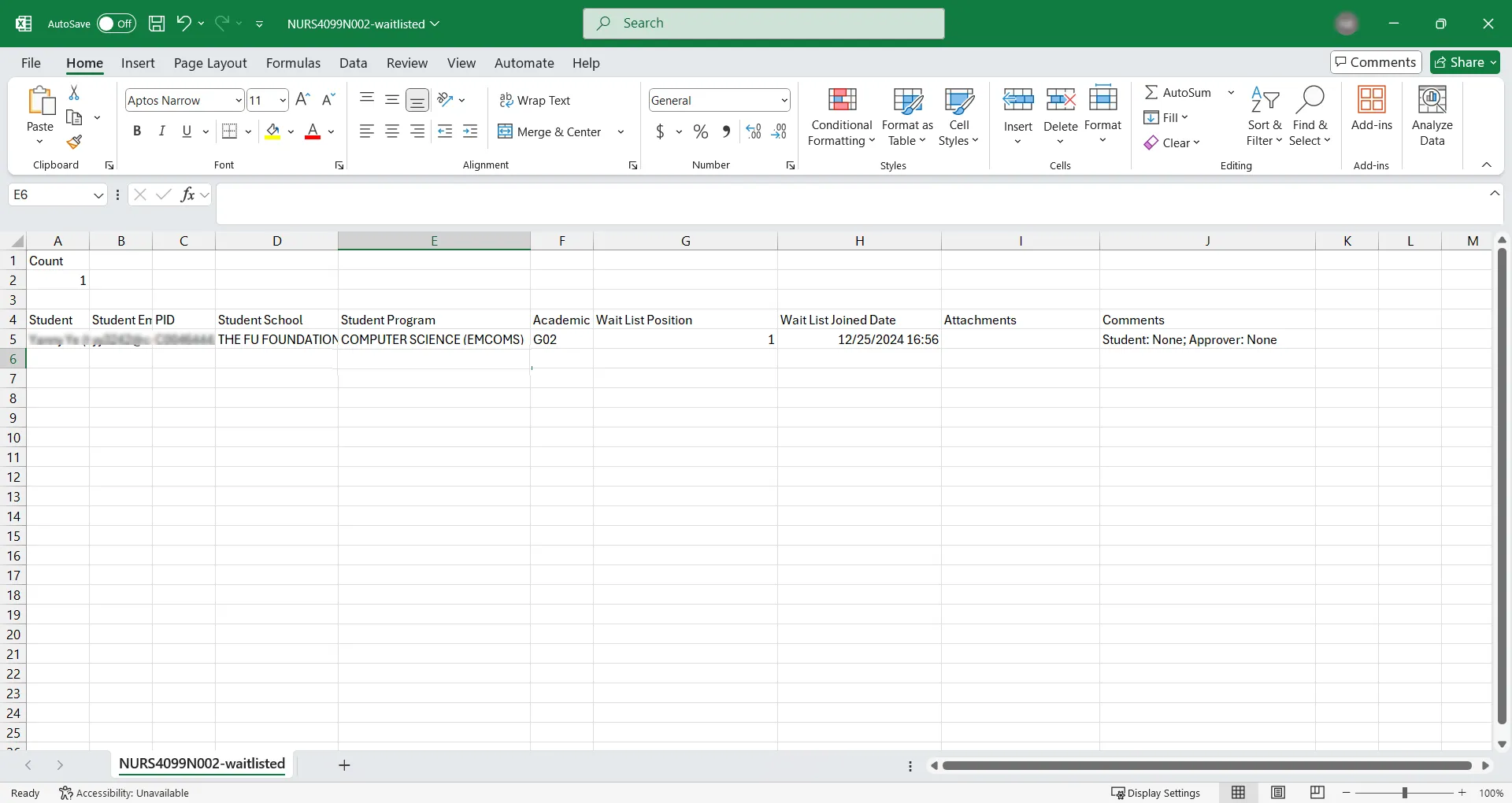 This is a .CSV file of a wait list opened in Excel - this file contains all columns and students that are visible in the class wait list 