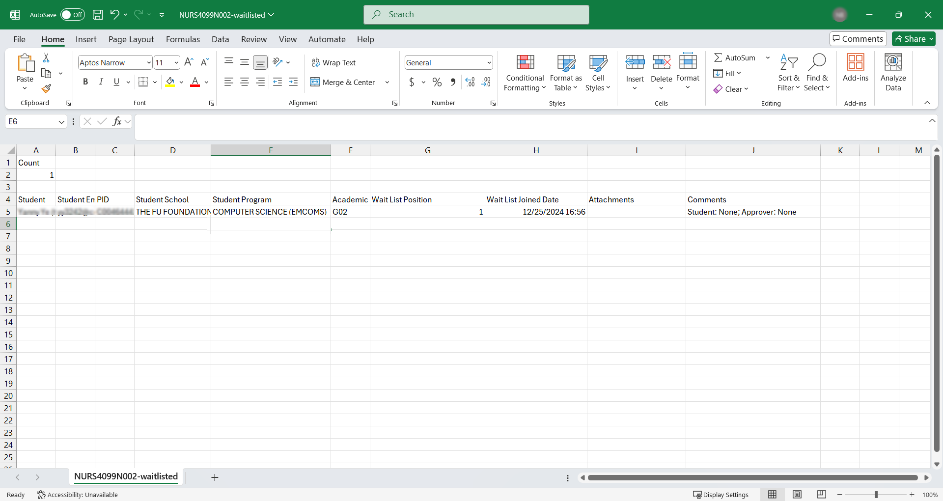 Export: Downloaded Wait List File This is a .CSV file of a wait list opened in Excel - this file contains all columns and students that are visible in the class wait list