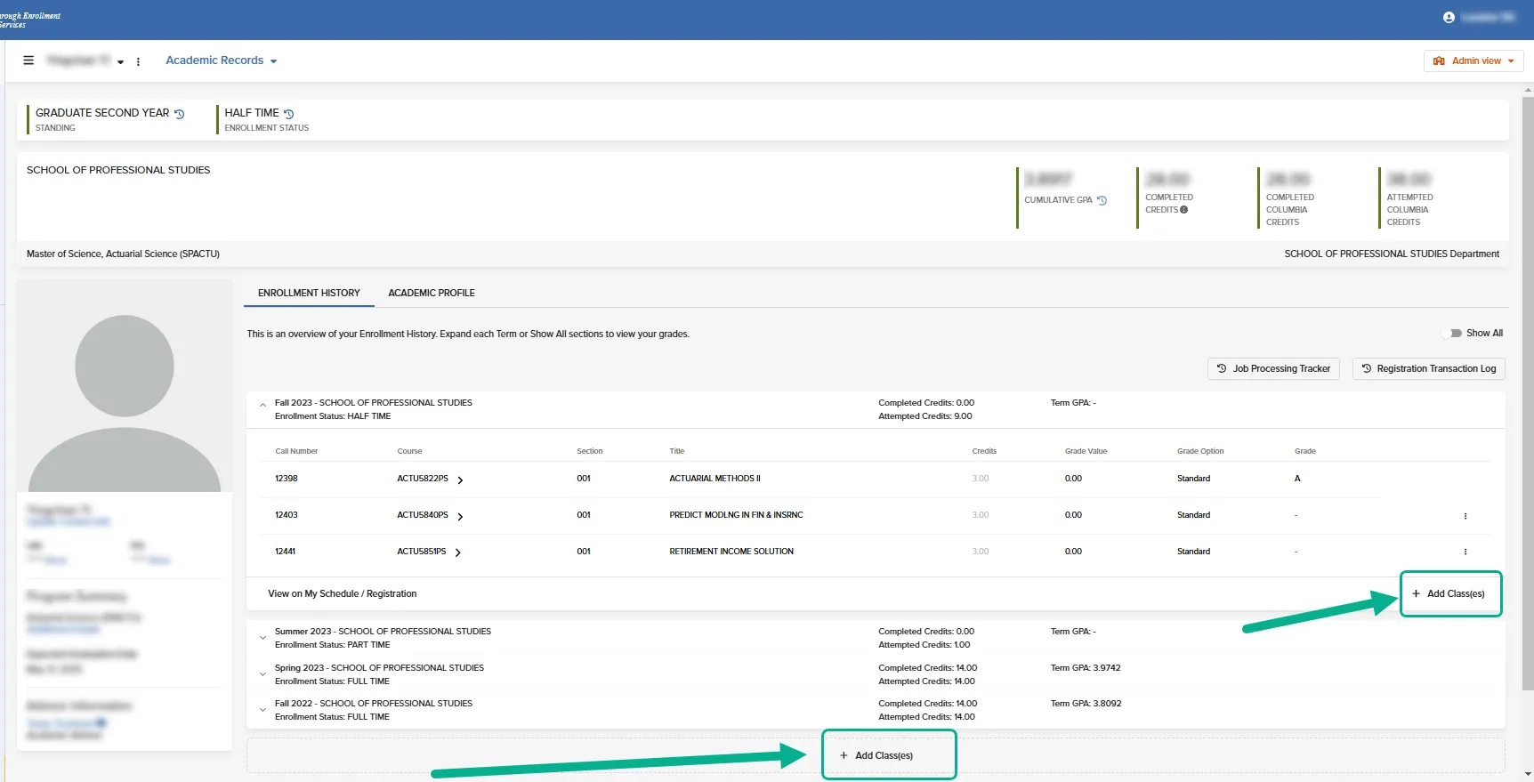 To add a class to a student's schedule click the 'Add Classes' button that the arrows are pointing to