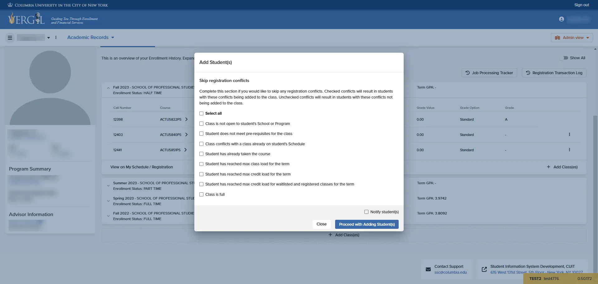 The Skip Registration Conflicts window where registration conflicts can be selected to be bypassed by the system and register the student