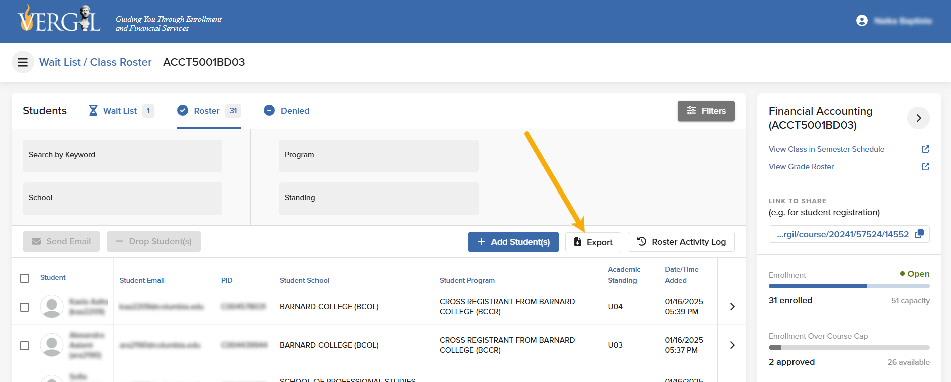 Class Roster: Export the List of Enrolled Students A yellow arrow point to the export button within the Class Roster