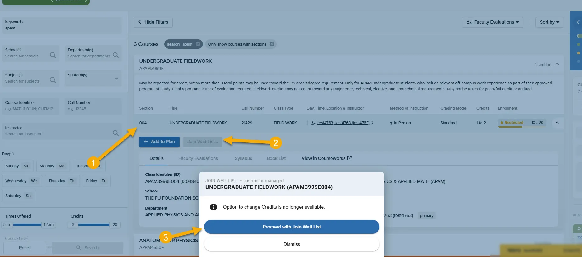 This image contains three arrows: one points to the Class section, the other to the Join Wait List button, and a third to the Proceed to Join Wait List Button
