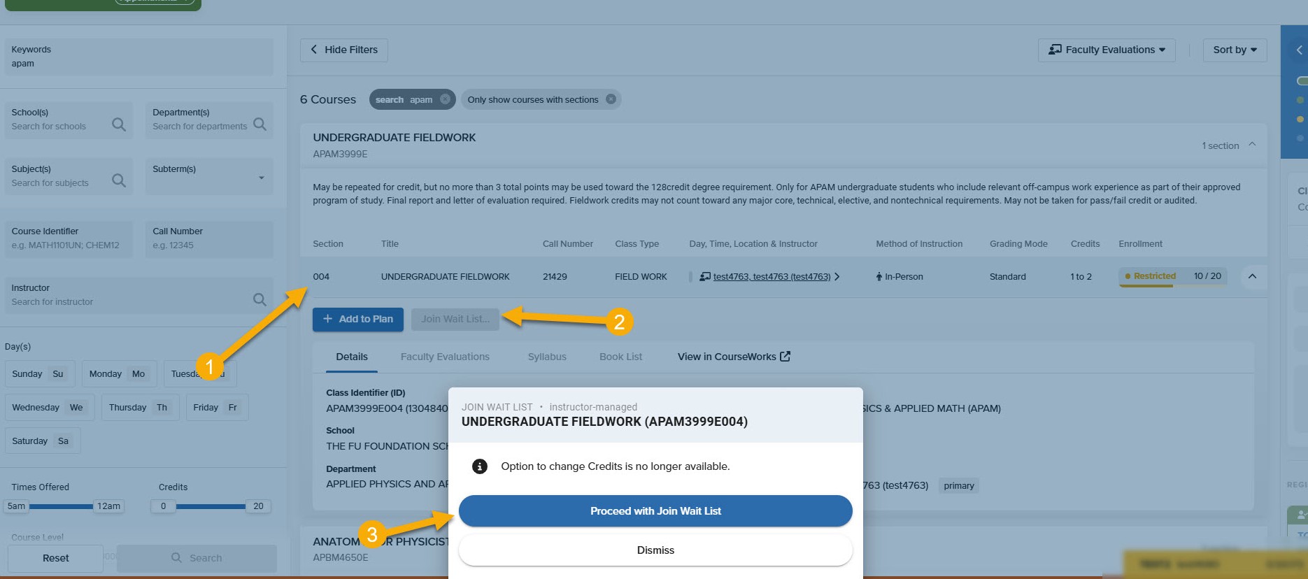 Student Registration: Join a Wait List This image contains three arrows: one points to the Class section, the other to the Join Wait List button, and a third to the Proceed to Join Wait List Button