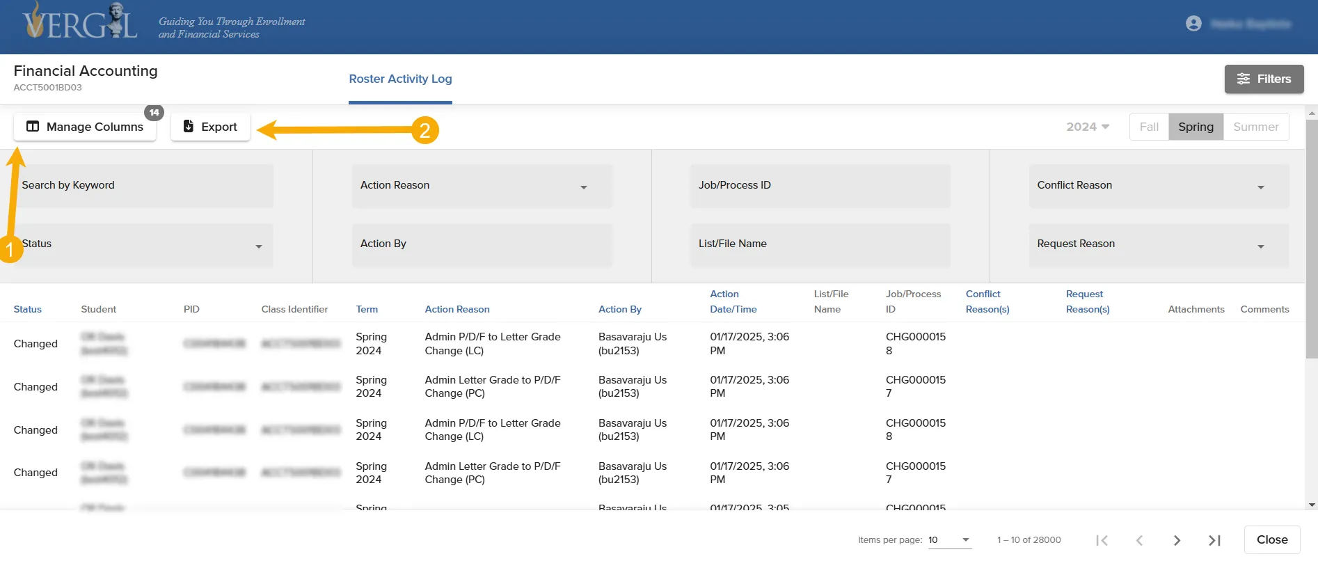 The Roster Activity Log and arrows signifying the two buttons required to export a copy of the log. First Manage Columns to customize the file, and then Export to download it to your device. 