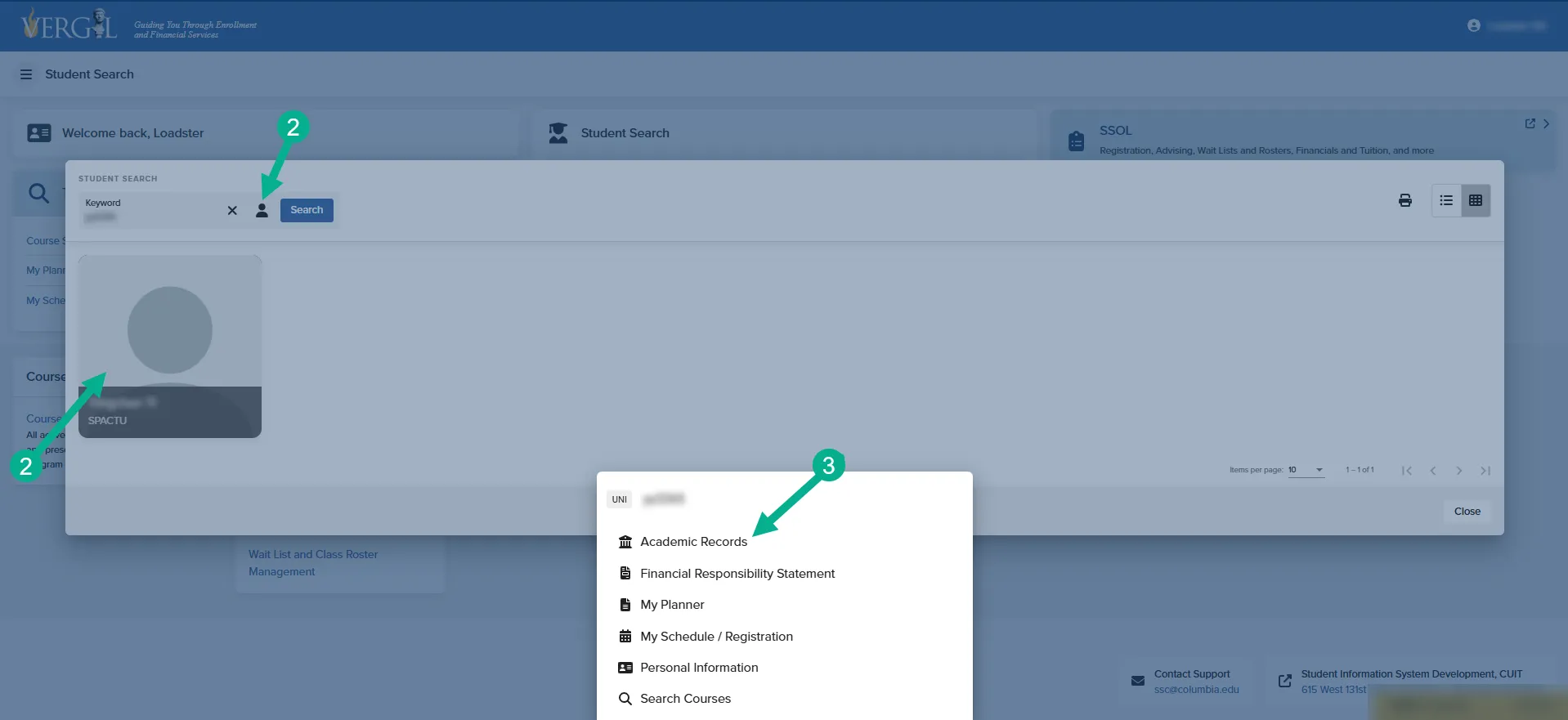 the green arrows highlight which buttons to click to open the navigation window at the base of the page where users can click 'Academic Records'